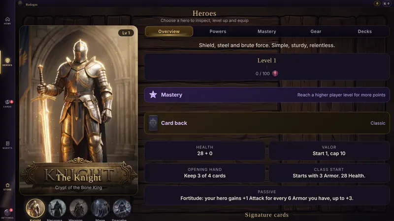 Hero screen, The Knight