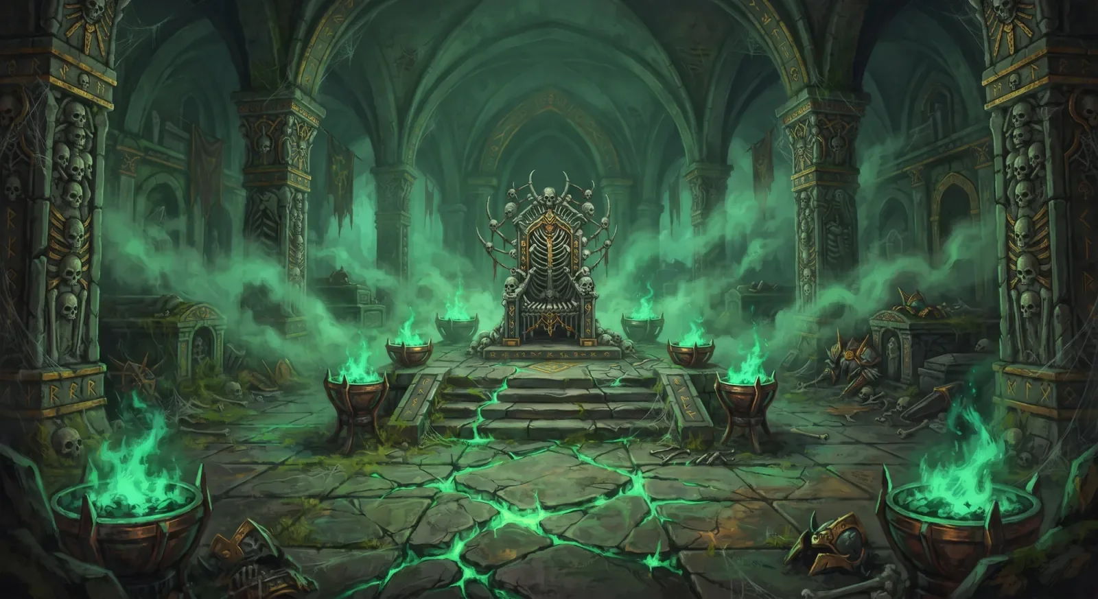 A crypt with a throne of bones